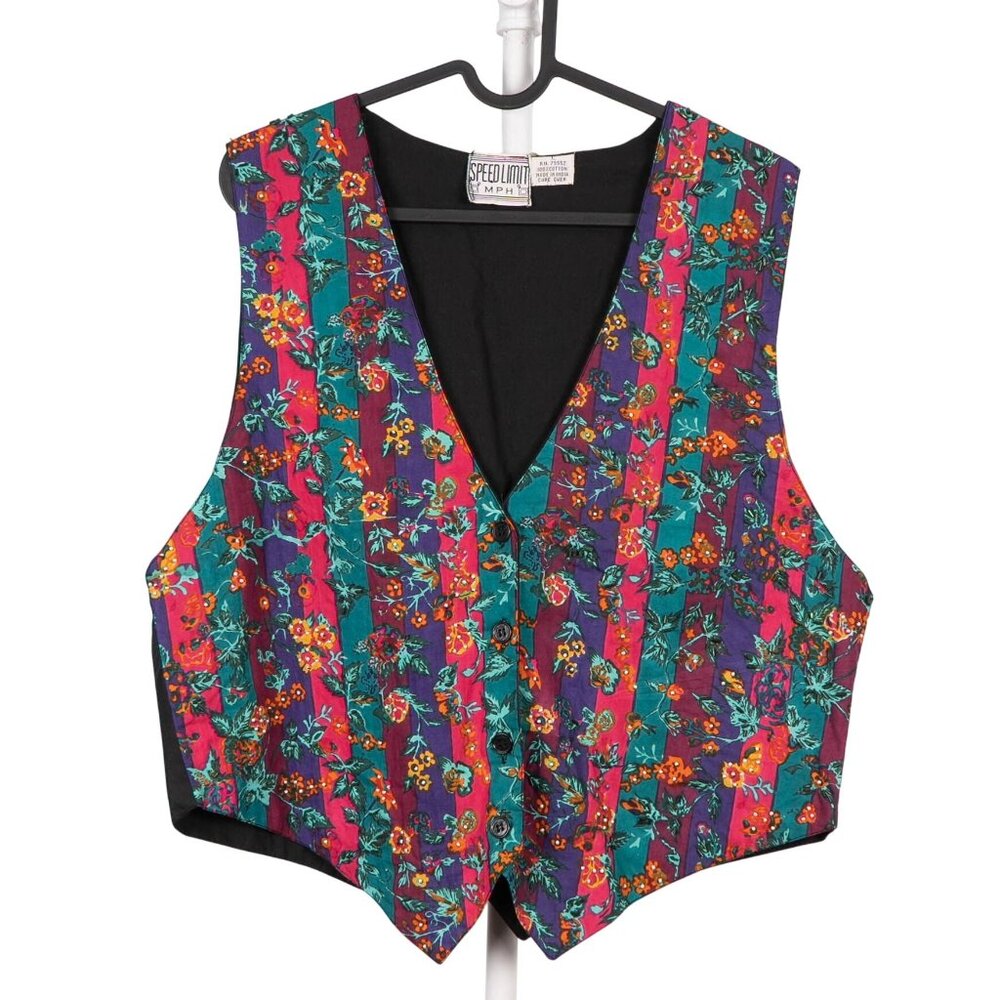 Speed Limit MPH VTG 90s Vest L Momcore Floral Striped Beaded Cotton Pink Green
